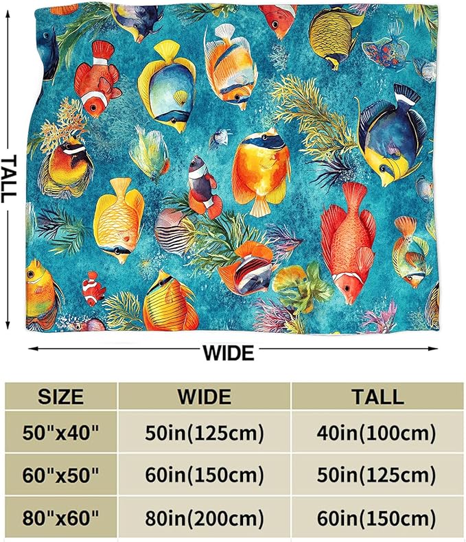Tropical Fish Blanket Gifts for Girls Boys Soft Warm Plush Sea Ocean Fish Throw Blanket Flannel Fleece Fuzzy Colorful Fishing Blanket for Kids Lover Bed Couch Living Room Decor 50"X40"