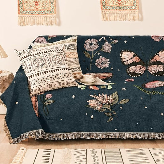 Boho Throw Blanket for Bed Couch Sofa Reversible Cotton Bohemian Travel Boho Quilt Mexican Muslin Blanket Tapestry Hippie Room Decor Outdoor Blanket Double Sided (Boho Bee Yelow 70"x90")