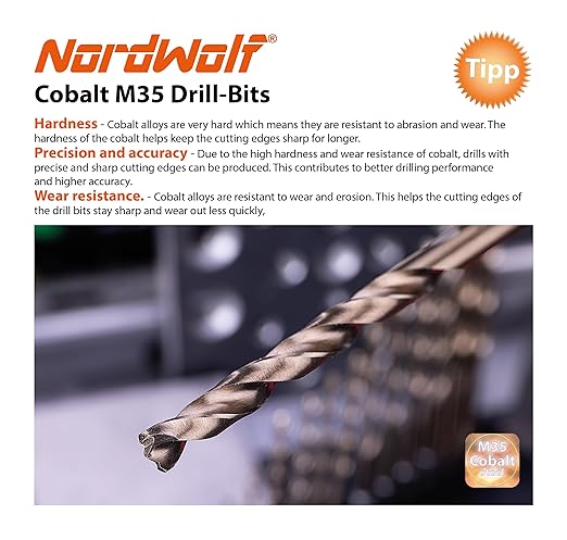 NordWolf 14-Piece M35 Cobalt Drill Bit Set for Stainless Steel, Hard Metals & Cast Iron, Jobber Length with 1/4" Hex Shank, SAE Sizes 1/16" to 1/4"