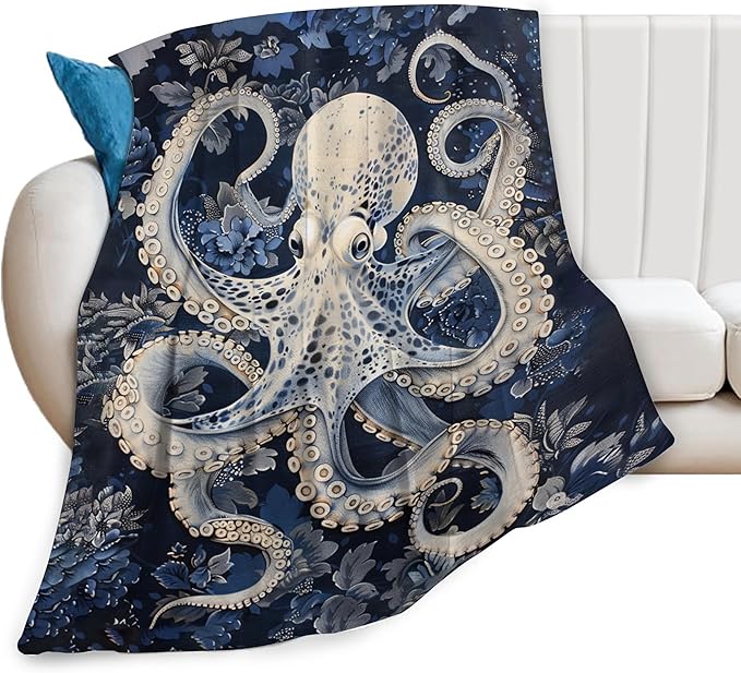 Octopus Blanket Ocean Throw Blanket Soft Warm Cozy Fuzzy Plush Marine Nautical Throw Blanket Gifts for Girls Women Octopus Fleece Flannel Gift Blankets for Kids Adults 60"X80"