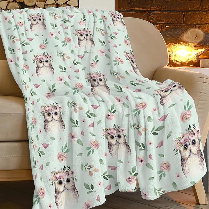 Owl Blanket Super Cozy Soft Owl Flower Throw Blanket Warm Plush Fluffy Owl Stuff Gifts for Women Girls Fleece Flannel Gift Blankets for Men Adults 60"X50"