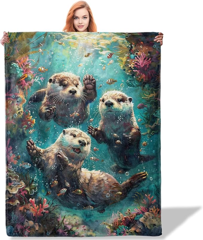 Otters Throw Blanket 60"x80", Underwater Scene Blankets for Living Room Bedroom Decor, Soft Flannel Polyester Warm Cozy Otters Gifts for Kids Adults