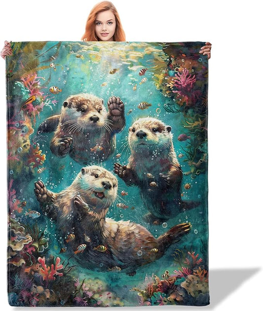 Otters Throw Blanket 60"x80", Underwater Scene Blankets for Living Room Bedroom Decor, Soft Flannel Polyester Warm Cozy Otters Gifts for Kids Adults