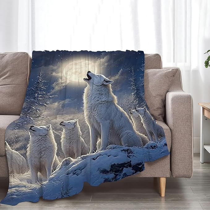 Wolf Blanket Wolves Moon Snowy Throw Blanket Soft Warm Cozy Fuzzy Plush Gifts for Girls Women Lightweight Fleece Flannel Stuff Decor Gift for Kids Adults 80"X60"