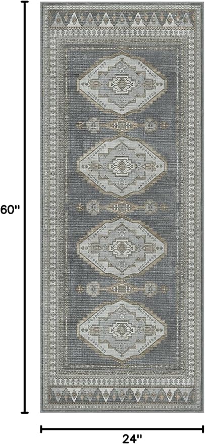 GENIMO 2x5 Washable Runner Rug for Hallway, Vintage Non Slip Low Pile Carpet, Soft Lightweight Printed Rug for Entryway, Kitchen, Corridor & Home Office, Gray/Beige