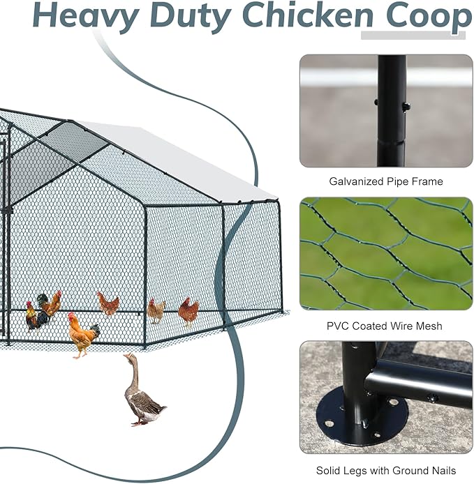VINGLI Chicken Coop, Large Metal Poultry Cage for Chicken Run, Walk-in Chicken Pen with Waterproof & Anti-UV Cover Outdoor (Black-Spire Roof, 13.1 * 9.8 * 6.5 ft)