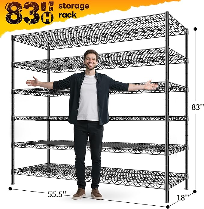 REIBII 83" H Storage Shelves 3840LBS Metal Shelving Unit 6 Tier Wire Shelving Commercial Adjustable Garage Shelving Heavy Duty for Storage Rack for Pantry, Garage, Kitchen, 83" H x 55.5" W x 18" D