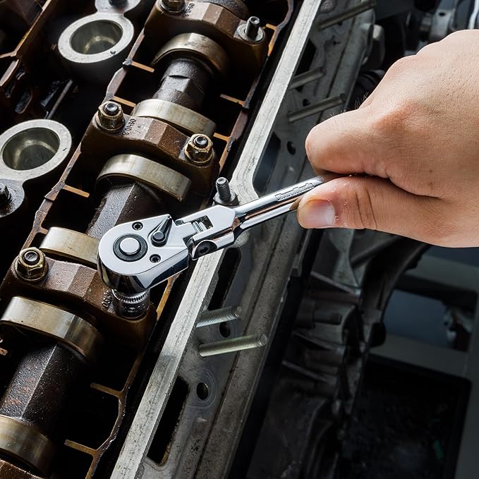 DURATECH 1/4" Drive Flex-Head Ratchet, 72-Tooth Ratchet Wrench, Quick-release, Reversible Switch, Full-Polished Chrome Plating, Alloy Steel