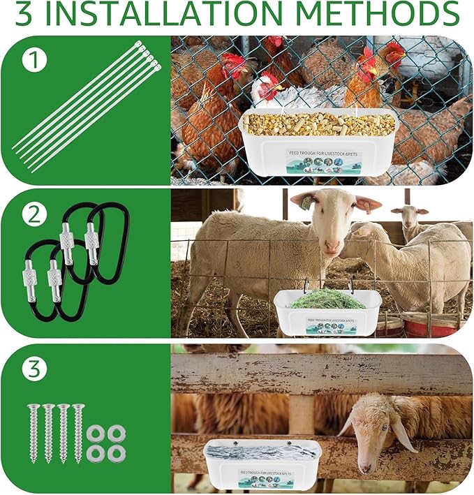 2 Pack Chicken Duck Dog Feeder, Poultry Feeders and Waterers, Hanging Goat Feeder, Livestock Feeding Container, Feed Trough and Waterer Bucket with Clips (White)