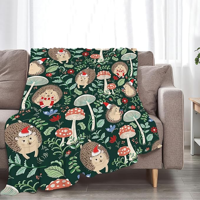 Hedgehog Blanket for Girls Boys Soft Warm Plush Cute Hedgehog Mushroom Throw Blanket Flannel Fleece Fuzzy Stuff for Bed Couch Living Room Decor 60"X50"