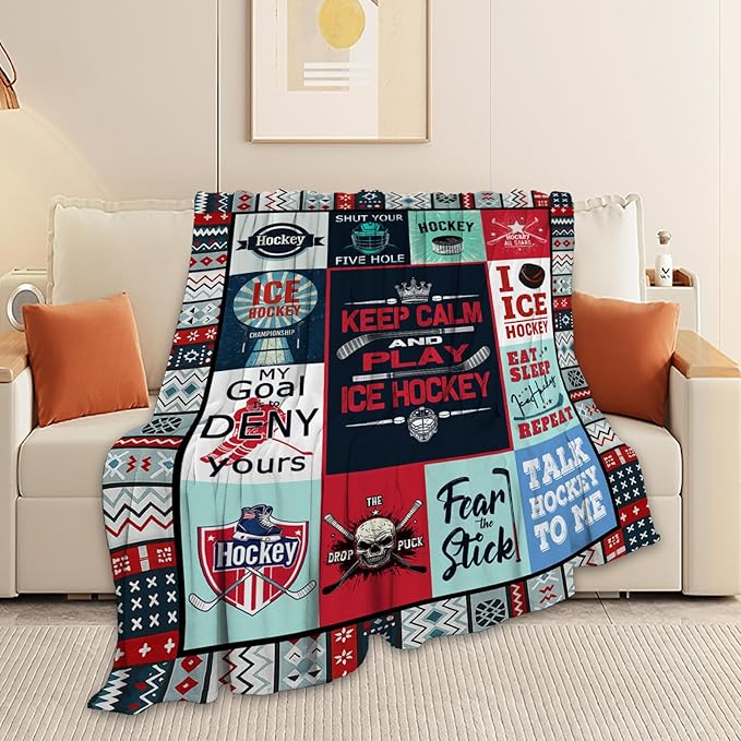 Ice Hockey Blanket, Hockey Player Throw Blanket, Sports Gifts Blankets Stuff Fleece Flannel Plush for Men Boys Women Girls Lovers Adults Soft Bedding Gift for Sofa Bed Office Home Decor 60"x50"