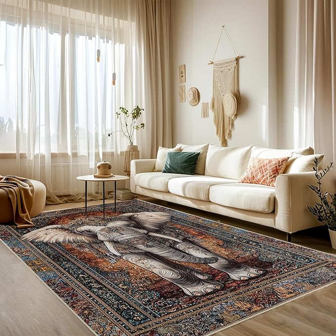 8x10 Elephant Area Rugs Boho Elephant Rug for Living Room Indoor Soft Non-Slip Thin Large Carpet Vintage Rugs for Bedroom Home Decor Under Table Washable Machine