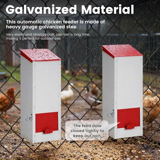 8Lbs Metal Chicken Feeder with Lockable Feed Door, Hanging Chicken Feeders No Waste Automatic Gravity Poultry Chick Bird Quail Feeder