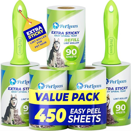 PetLovers Extra Sticky Lint Roller Mega Value Set 450 Sheets for Pet Hair Removal and Clothes, Dog and Cat Lint Remover 5 Pack Green