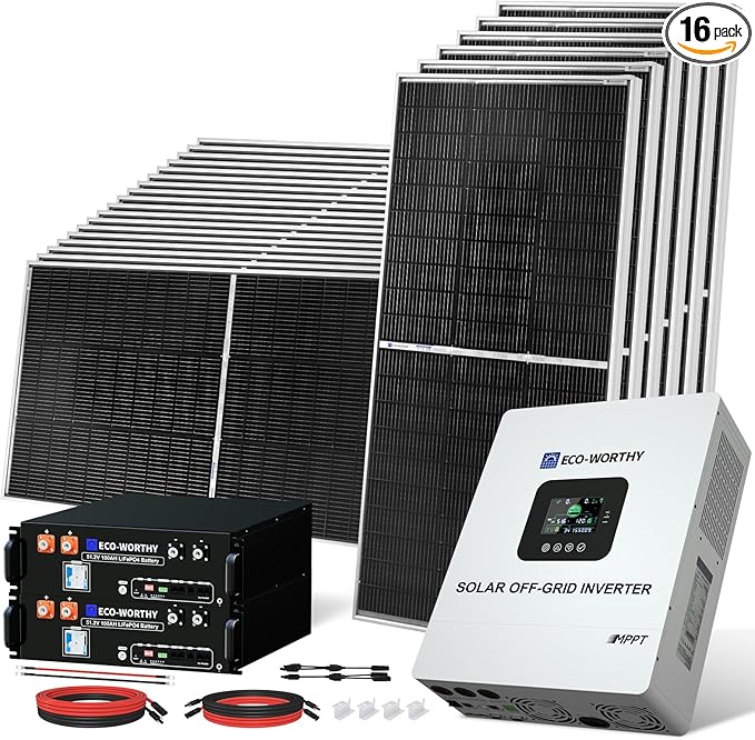 ECO-WORTHY Complete Off-Grid Solar Kit：5000W 120V/48VDC Solar Off-Grid Inverter+10.24kWh Integrated Communication Battery Bank+24×195W Mono Solar Panels | Off Grid, Residential, Home, Back Up