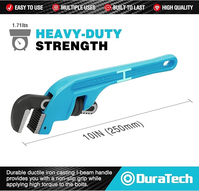 DURATECH 10-Inch Offset Pipe Wrench, Heavy Duty End Pipe Wrench, Cast Iron Handle, Adjustable Plumbing Wrench