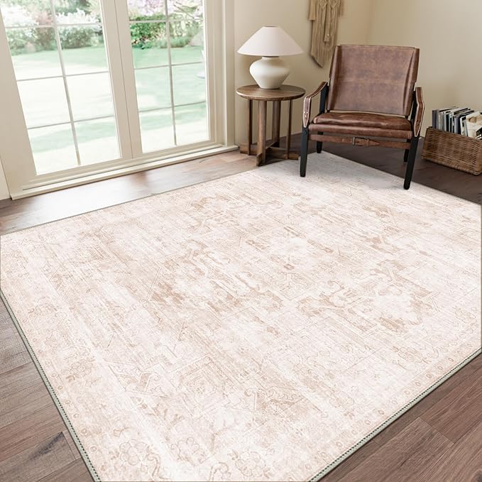 GENIMO Machine Washable 8x10 Area Rugs for Living Room, Non Slip Vintage Rugs, Low Pile Lightweight Chenille Print Rug for Bedroom, Dining Room, Home Office, Pastel Pink