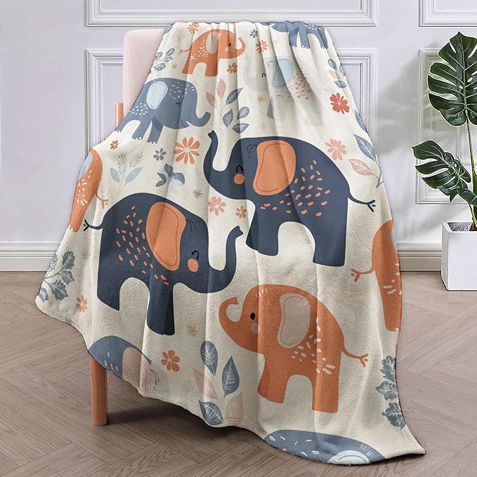 Cute Elephant Blanket Gifts for Adults Kids Soft Warm Lightweight Cozy Flannel Animal Elephants and Florals Throw Blankets for Bed Sofa Couch Living Room Decor 50x60in