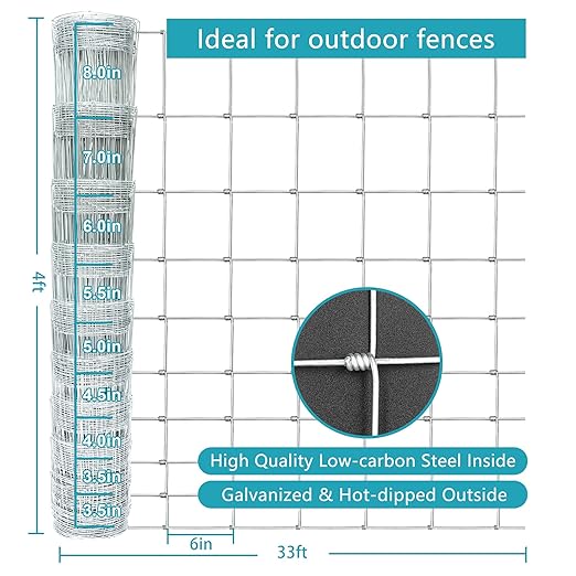Farm Fence 4ft. x 33ft Galvanized Field Wire Fencing,Heavy Zinc Coating Cattle Fence,Deer Fence,Goat Fence,Hog Wire Fence for Yard Garden & Animals Protection