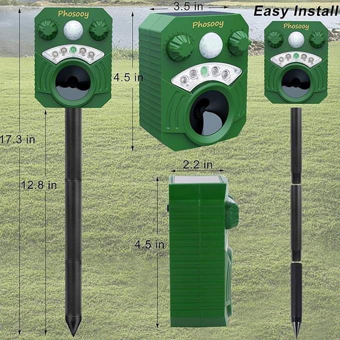 2 Packs Solar Ultrasonic Animal Repeller, Waterproof Mode-Adjustable Animal Deterrent Device with Flashing Strobe Lights to Repel Cats, Dogs, Squirrel, Rats, Skunks, Raccoons and Deer