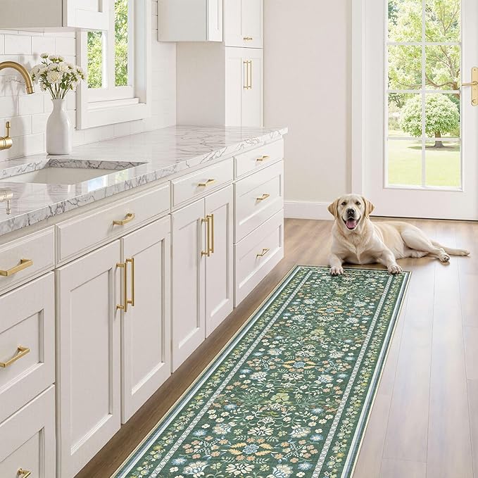 Runner Rug for Hallways Kitchen: 2x6 Washable Area Rug Boho Floral Soft Long Rug - Non-Slip Low Pile Throw Indoor Carpet for Entryway Kitchen Bedroom Laundry Bathroom - Green