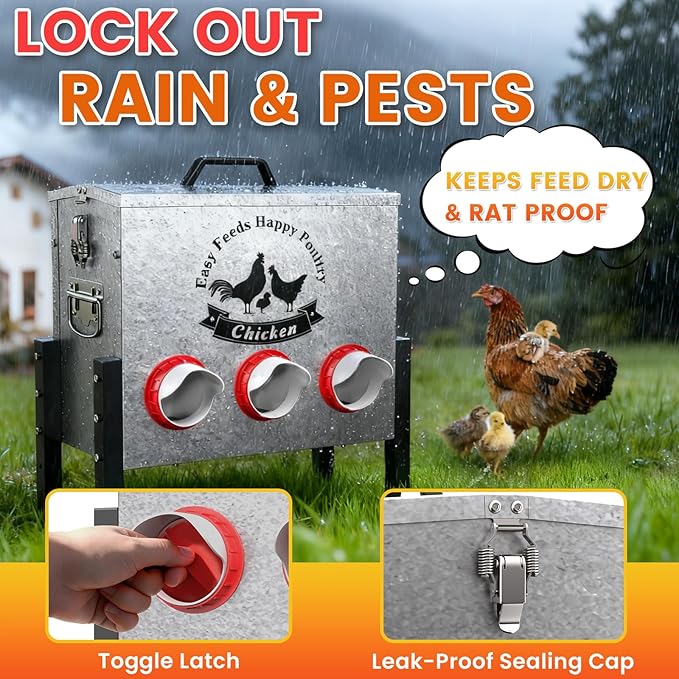 7gal Large Automatic Chicken Feeder - 35LB Capacity 6 Port No Waste Poultry Feeder, Rust-Proof Alloy Steel with Locking Lid & Adjustable Legs for Chickens, Ducks, Geese, Poultry