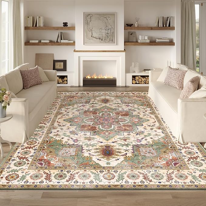 Area Rug 5x7 Living Room Rugs,Machine Washable Rug,Stain Resistant Soft Thin Floral Carpet,Green Boho Vintage Home Decor,Indoor Non-Slip Rugs,for Bedroom,Office,Farmhouse,Dining