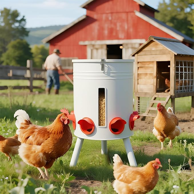 KOL 50 LB Large Free Standing Chicken Feeder, Portable Gravity Chicken Feeder Automatic, Dispenser, 8 Feeding Ports Poultry Feeder for Chicken Rooster & Hen (Jade White)