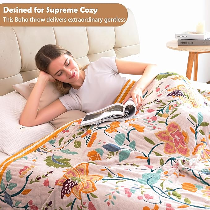 Boho Throw Blanket for Bed, 100% Organic Cotton Breathable Ultra Soft 50" x 60" Quilt Beige Throw - All Season Floral Farmhouse Decor Luxury Reversible Blanket for Sofa Couch Chair and Gift