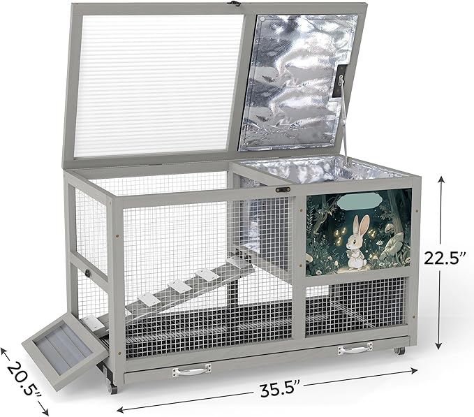 COZIWOW 36.5-Inch Double-Decker Wooden Insulated Rabbit Hutch with Wheels, Heated Rabbit Cage Featuring A Cleaning Tray and Ladder—Stylish&Easy to Assemble（Grey and Warm）