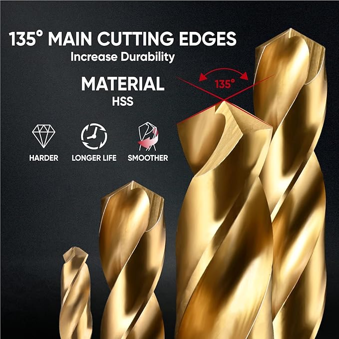 amoolo 1/4 Impact Drill Bit Sets, 10Pcs Titanium HSS Twist Hex Shank Drill Bit Set for Metal, Steel, Wood, Plastic, Quick Change Design