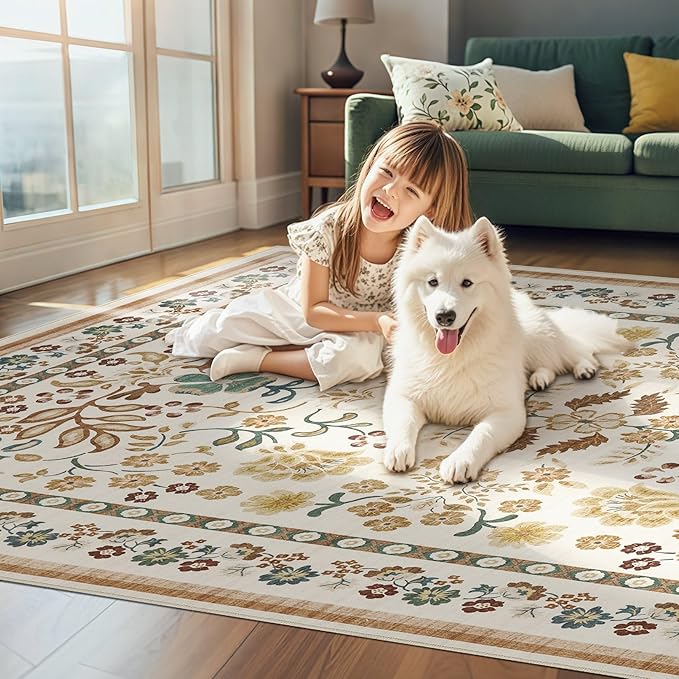 10x14 Area Rug Living Room Rugs - Washable Boho Vintage Floral Large Soft Non Slip Thin Rug Low Pile Carpet for Bedroom Dining Room Kids Playroom Office Decor Indoor- Brown