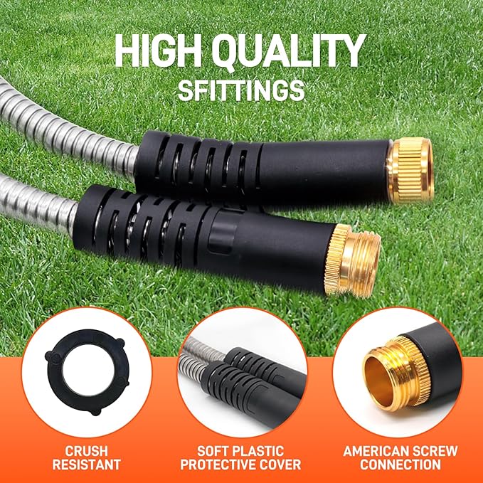 Garden Hose 50FT Stainless Steel Water Hose with 10 Functions Adjustable Spray Nozzle, Heavy-Duty Metal Garden Hose Flexible Durable No-Tangle & Kink Leak Dog Proof Hose for Yard Lawn(Orange)
