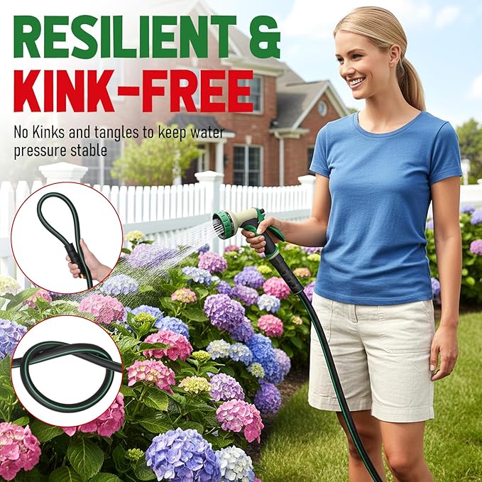 Garden Hose 25 ft with 10 Function Nozzle Sprayer, Heavy Duty Flexible Water Hose, No-Kink Lightweight Hybrid Hose, Leakproof Hose Male to Female Fittings