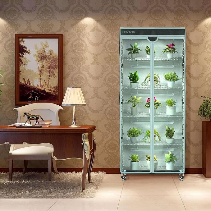 Indoor Greenhouse 6-Tier Plant Rack with Cover, 5 T8 Grow Lights, Thermometer & Timer – Seedlings, Flowering, Herbs & Vegetables, Indoor Gardening, Easy Assembly 29.8" L x 13.9" W x 71.8" H