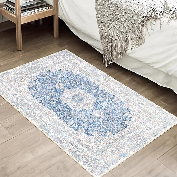 Small Rugs 2x3,Blue Rug for Entryway Bathroom Bedroom Kitchen Entrance Doormat,Boho Vintage Bohemian Distressed Washable Accent Floor Throw Carpet Non Slip,Floral