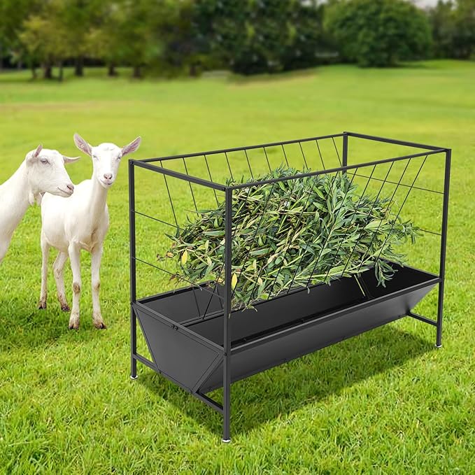 Pasture Hay Feeder with 24 Gallon Feed Pan，Black Powder Coated Surface Steel Livestock Feeder， Duty 2-in-1 Livestock Feeder，Feeding Goats, Calves, Cow, Horse for Farms