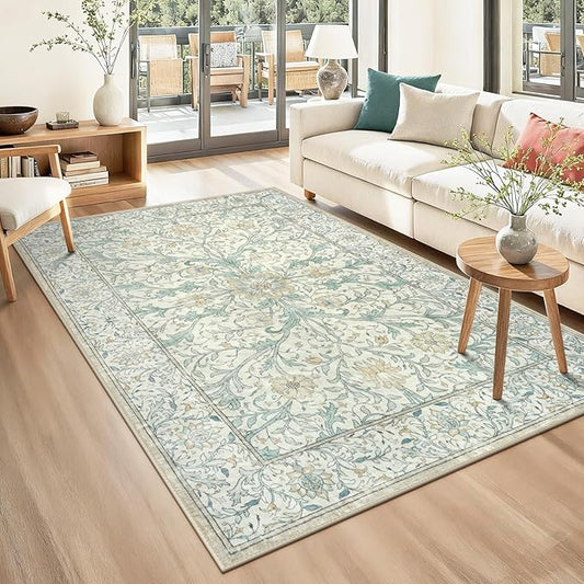 Collive 5x7 Area Rug, Washable Neutral Hand-Painted Floral Living Room Bedroom Rug, Vintage Distressed Non Slip Low Pile Throw Carpet, Soft Retro Rugs for Dining Room Office, Ivory/Light Turquoise