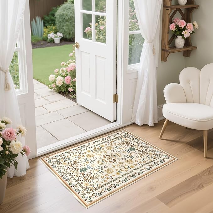 Door Mat Entrance Rug: 2x3 Washable Area Rug Boho Floral Small Rug - Non-Slip Low Pile Throw Indoor Carpet for Entryway Kitchen Front Door Bathroom Entry Kids Room - Brown