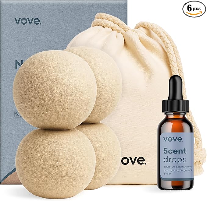 Vove Natural Hemp Dryer Balls Kit with Scent Drops - 4 Pack & Essential Oil Blend - 5X More Absorbent Than Wool - Natural Softener, Reduces Wrinkles and Static, Customizable Fresh Scent, Reusable