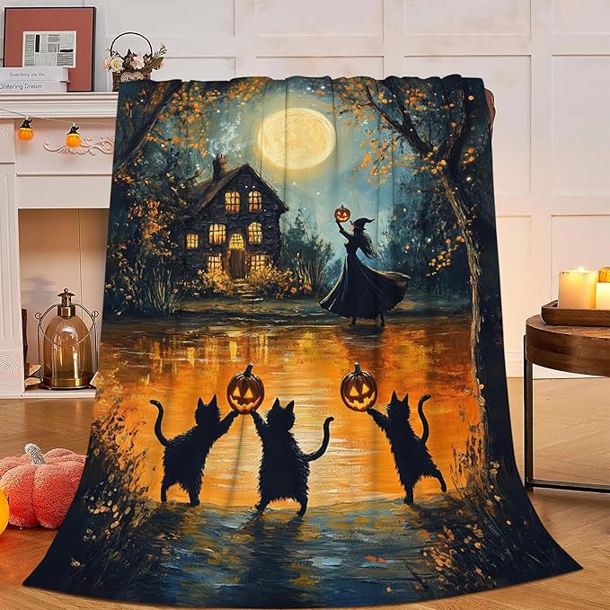 Halloween Cat Blanket, Pumpkin Black Cat Fleece Flannel Throw Blanket, Witch Soft Lightweight Stuff Throws Gifts for Women Men Boys Girls Lovers Adults Lovers Sofa Decor 60"x50"
