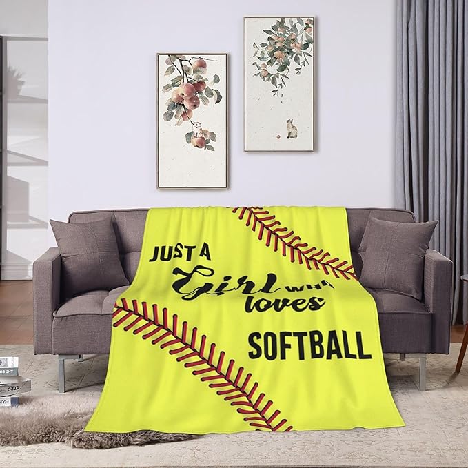 Just A Girl Who Loves Softball Blanket Soft Team Throw Blanket Fleece Comfy Yellow Plush Flannel Softball Travel for Outdoor Couch Sofa Birthday Gifts for Girls Kids - 60''x80''