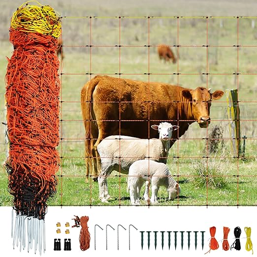 Electric Netting 35.4"H x 164'L, Electric Netting with Posts and Double-Spiked Stakes, Portable Electric Fence Netting for Backyards, Homesteads, Gardens, Farms, and Ranches