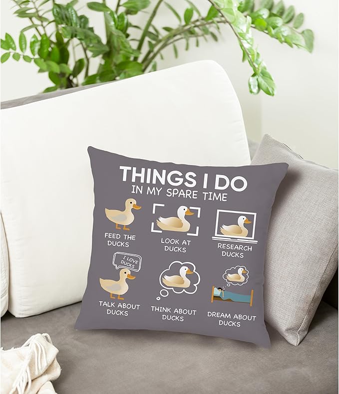 Funny Duck Throw Pillow Covers 18 x 18-Things I Do in My Spare Time Duck Decorative Pillow Covers,Funny Duck Gifts,Duck Gifts for Duck Lovers,Duck Themed Gifts for Women,Duck Decor (Gray)