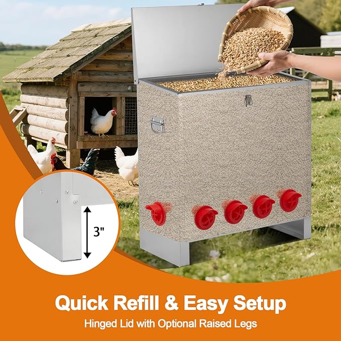 Automatic Chicken Feeder 85-120lbs Capacity, Galvanized Metal Poultry Feeding Equipment, Rainproof & Rodent Proof Large Chicken Food Dispenser for Backyard Coop & Farm Use (6 Ports)