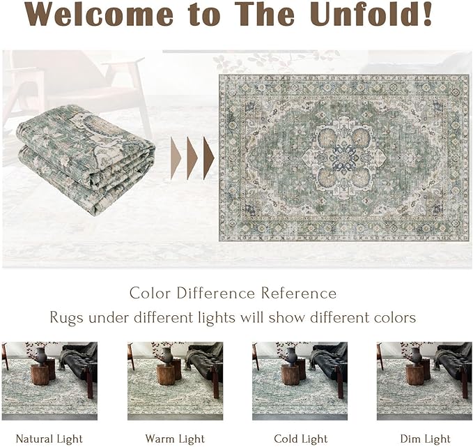 Washable Area Rug 5x8 - Boho Living Room Rug Non Slip Soft Bedroom Rug Ultra-Thin Sage Green Vintage Oriental Farmhouse Dining Room Rugs for Under Table Indoor Carpet for Living Room