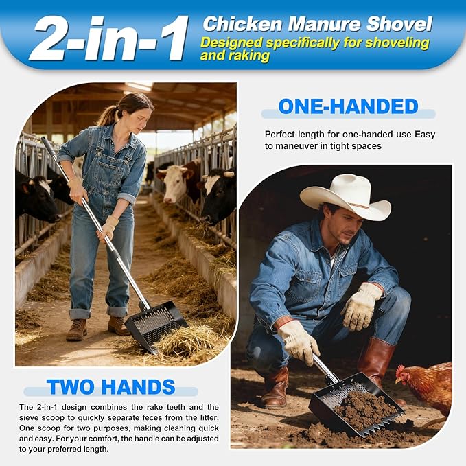 2-in-1 Chicken Poop Scooper & Rake 12-Inch Large Metal Shovel Head Adjustable Stainless Steel Handle (24 to 64") Litter Sifting Shovel Cleaning Tools for Chicken Run, Animal Farm (Black)
