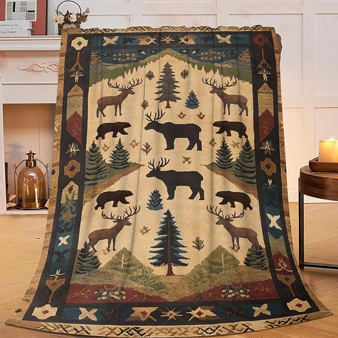 Dynova Cabin Throw Blanket Cozy Plush Retro Rustic Lodge Throw Blankets Bear Deer Decor Fuzzy Flannel Fleece for Girls Boys Women Men 50"X40"