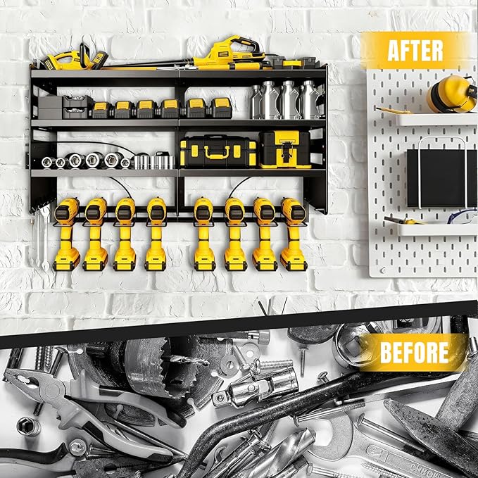 Heavy Duty Power Tool Organizer Wall Mount with Charging Station, 4 Layer Tool Storage Rack with 8 Drill Holder & Power Strip for Garage Workshop