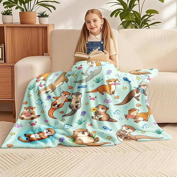 Otter Blanket Ultra Soft Flannel Sea Otters Throw Blanket Otters Birthday Bedding Decor Gifts for Kids Girls Boys Adults 60" x 50"